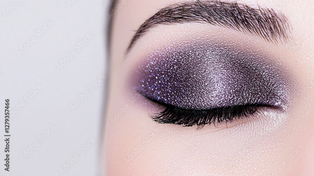 Fototapeta premium Close-up eye makeup, glamorous, eye shadow, subtle sparkle. Use for cosmetics, beauty tutorials
