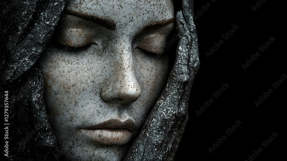 Obraz premium Serene woman, dark hood, black background, artistic portrait, ideal for beauty or fantasy