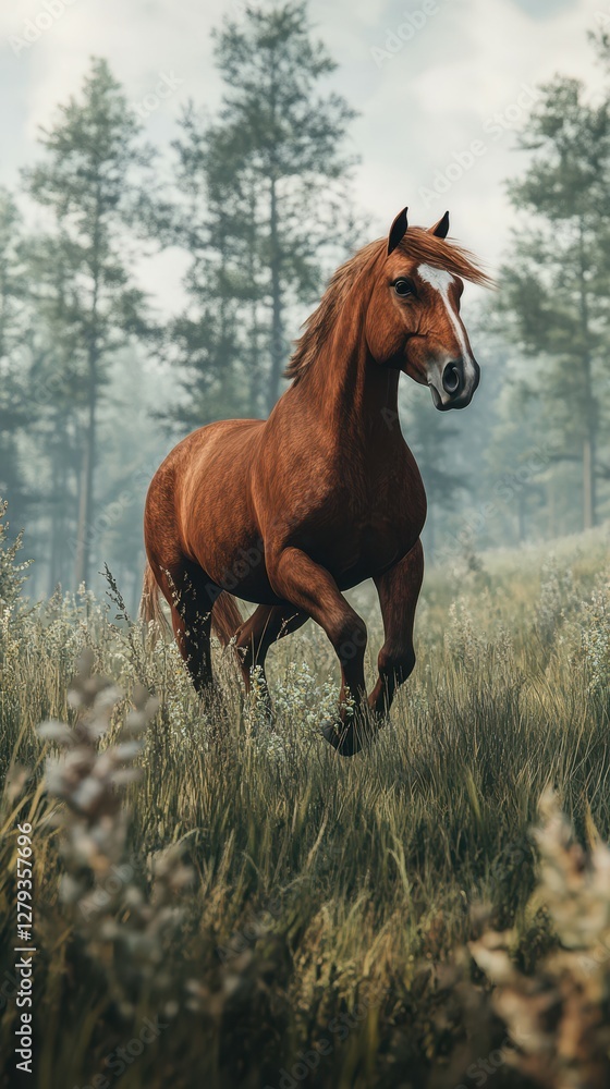Fototapeta premium Brown horse trots gracefully through a misty forest meadow surrounded by tall grass and trees in the early morning light