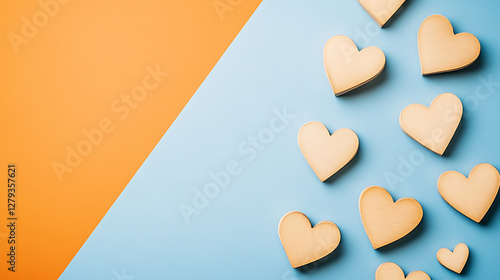 Row of hearts are scattered across a blue and orange background The hearts are all different sizes and are placed in various positions Scene is one of warmth and love photo