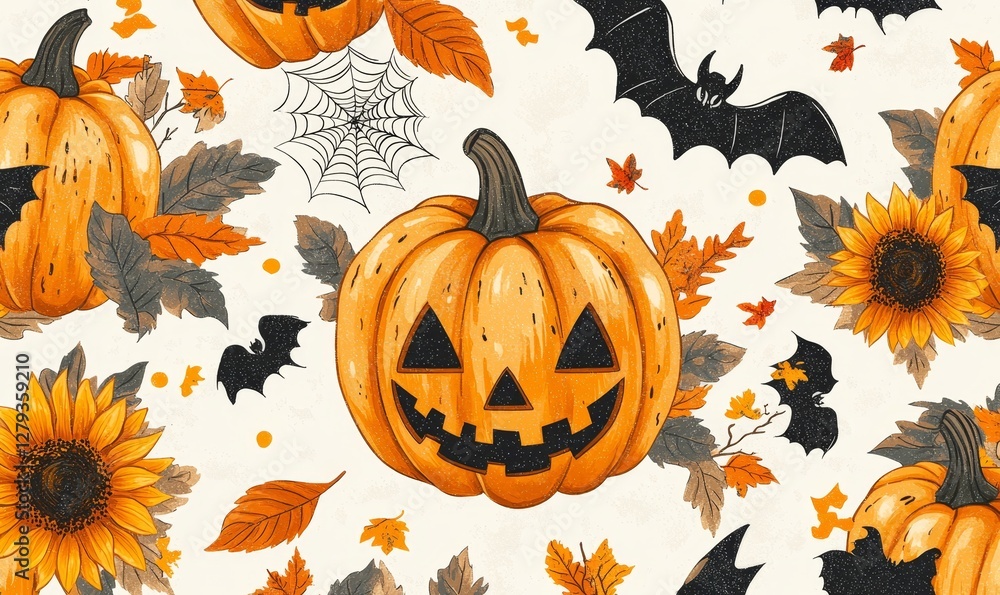Glittering Pumpkins with Sunflowers, Bats, Spider Webs, and Fall Leaves Seamless Pattern for Halloween Autumn Decor Glittering Pumpkins with Sunflowers, Bats, Spider Webs, and Fall Leaves Seamless Pattern for Halloween Autumn Decor