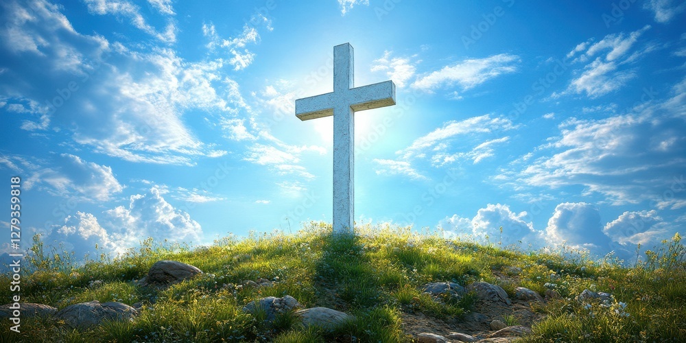 Cross stands tall against a bright sky, symbolizing hope and faith in a serene landscape Cross stands tall against a bright sky, symbolizing hope and faith in a serene landscape