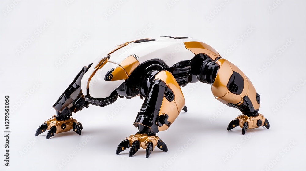 Fototapeta premium Futuristic metallic quadruped robot in gold and white. Sleek design, clean lines, and a powerful stance.