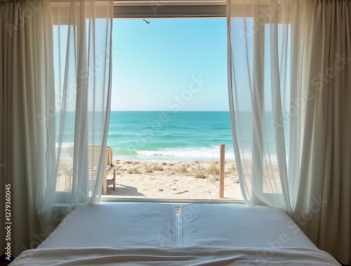 Comfortable bed overlooking turquoise ocean waves in beachside resort
