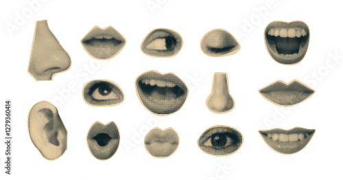 Сollection of cut-out collage elements. Dotted facial features, eyes, lips, nose, ears with vintage halftone effect. Surreal pop art-inspired aesthetic design.