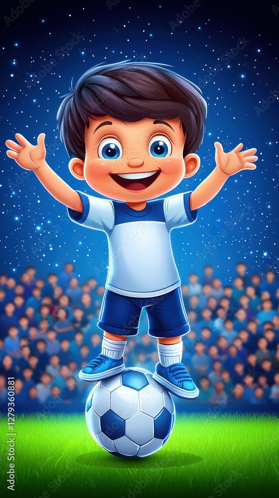 Naklejka premium Cheerful boy soccer player on ball, stadium background, celebrating victory
