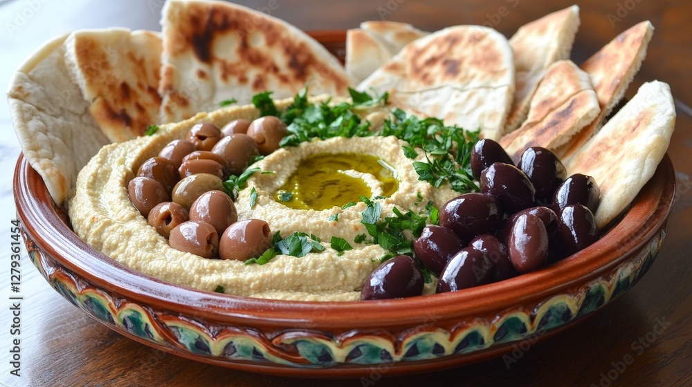 Freshly Made Hummus with Olive Oil and Pita Bread on Plate Freshly Made Hummus with Olive Oil and Pita Bread on Plate