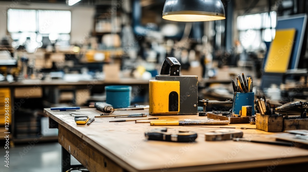 Messy workshop workbench with tools, paintbrushes, and a yellow machine, under a hanging lamp. A glimpse into a busy artisan's workspace. Messy workshop workbench with tools, paintbrushes, and a yellow machine, under a hanging lamp. A glimpse into a busy artisan's workspace.