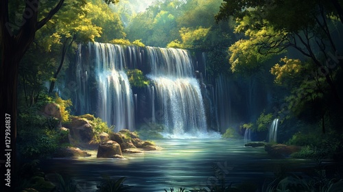 Lush jungle waterfall cascading into serene pool.