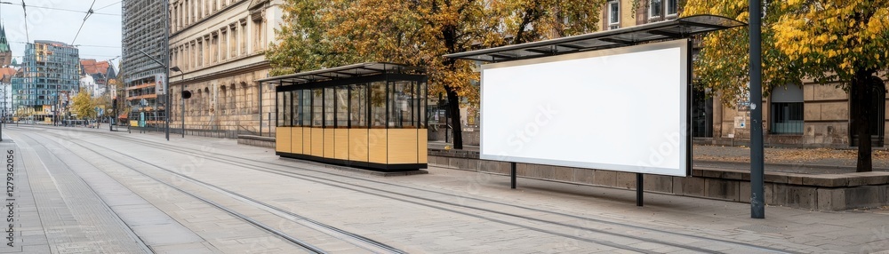 Fototapeta premium Empty Tram Stop Scene with Blank Advertising Board in Urban City Setting Surrounded by Fall Foliage