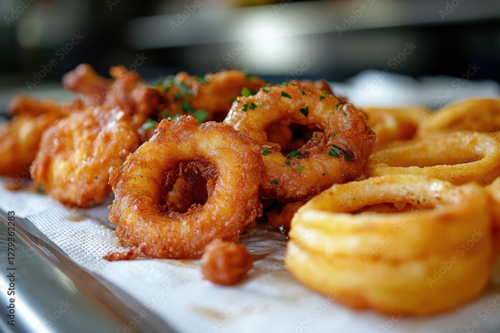 Fried onion rings and assorted fried foods on a white plate at a local eatery. Generative AI Fried onion rings and assorted fried foods on a white plate at a local eatery. Generative AI