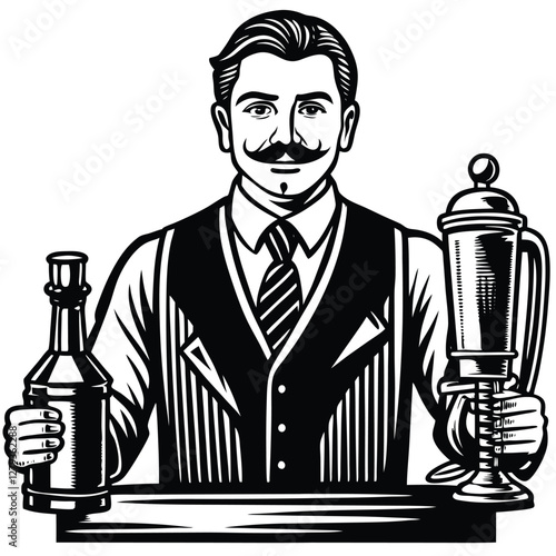 Vintage bartender illustration, black and white drawing, handlebar mustache, pinstripe vest, tie, cocktail shaker, liquor bottle, retro style, engraving art, detailed linework, sophisticated gentleman
