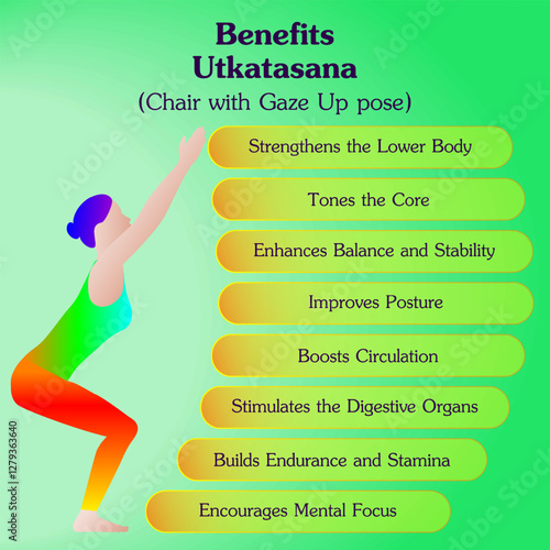 Benefits of practicing Utkatasana yoga pose. Chair with Gaze Up pose. Beginner Difficulty. Isolated vector illustration.