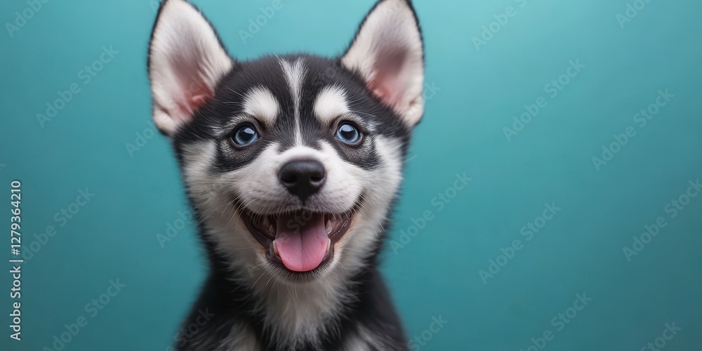 Happy husky puppy with striking blue eyes poses against a bright teal background in a playful moment Happy husky puppy with striking blue eyes poses against a bright teal background in a playful moment