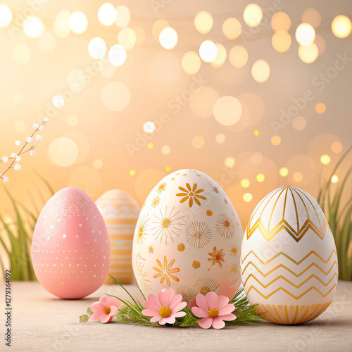 Elegant Easter eggs with gold and pastel floral patterns, set against a warm bokeh background. Delicate pink flowers and soft lighting create a cozy, festive, and stylish springtime composition...