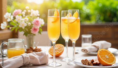 Orange juice cocktails on elegant table with flowers