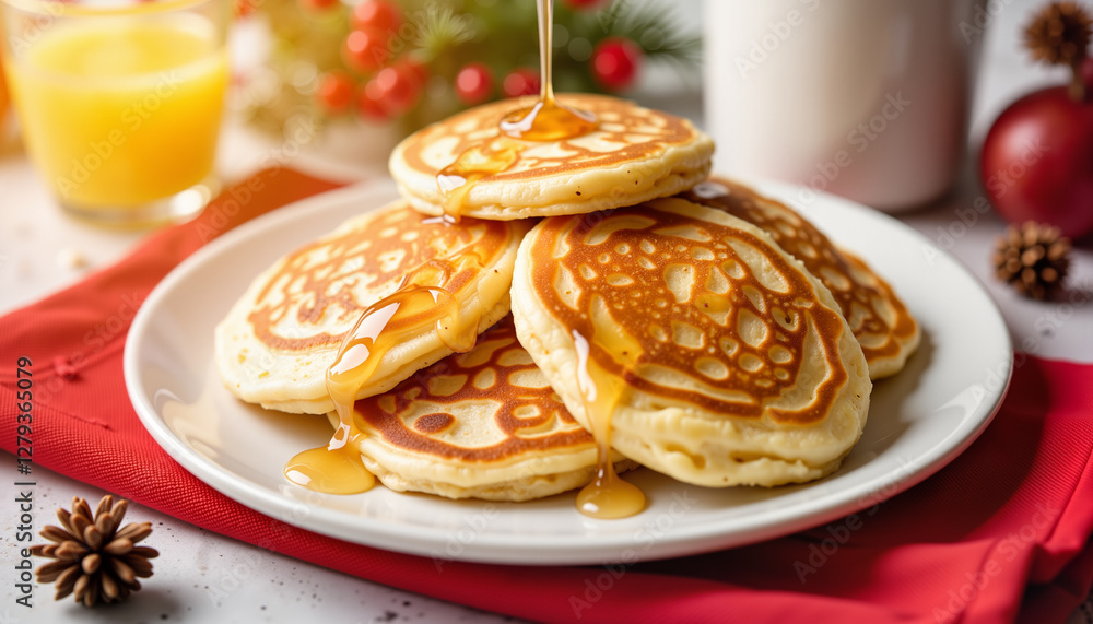 Pancakes with syrup on a festive table setting Pancakes with syrup on a festive table setting