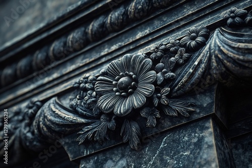 Close up of intricate floral carvings adorning a marble column