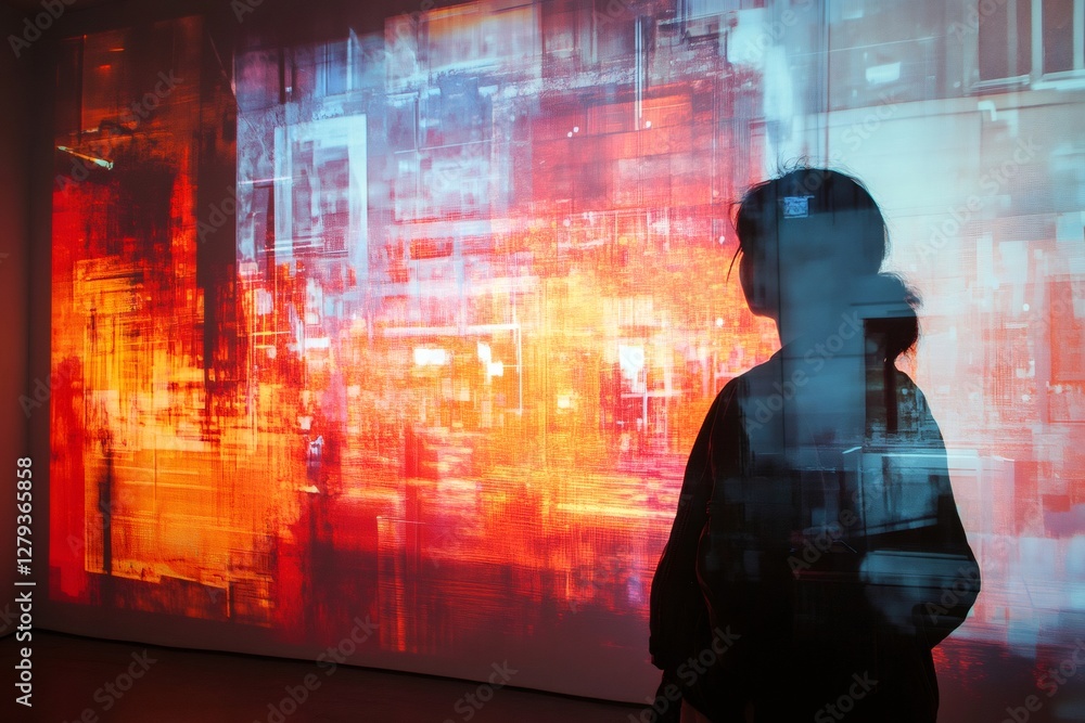 Fototapeta premium Woman observing immersive digital art installation reflecting on her silhouette