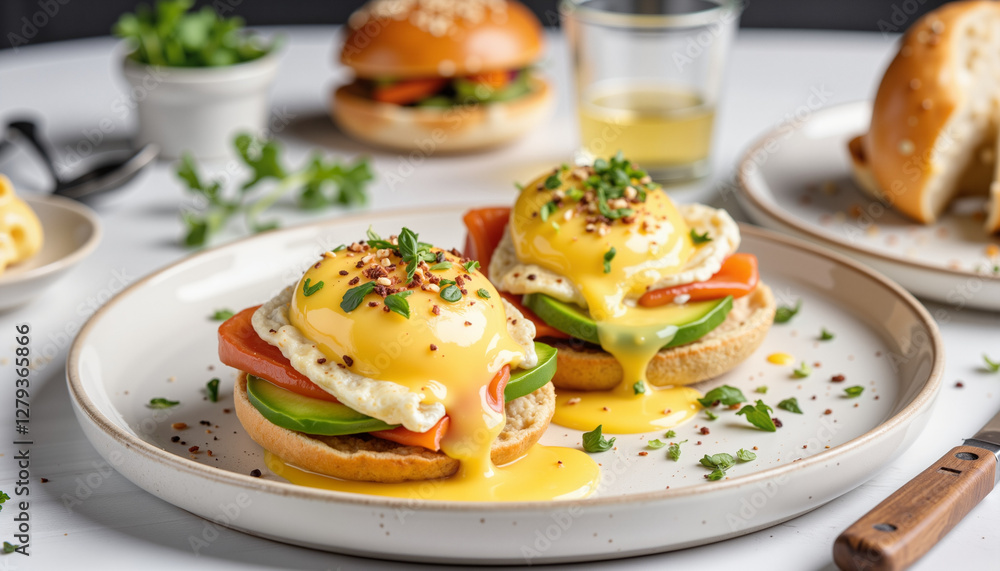 Eggs Benedict with vegetables on a plate