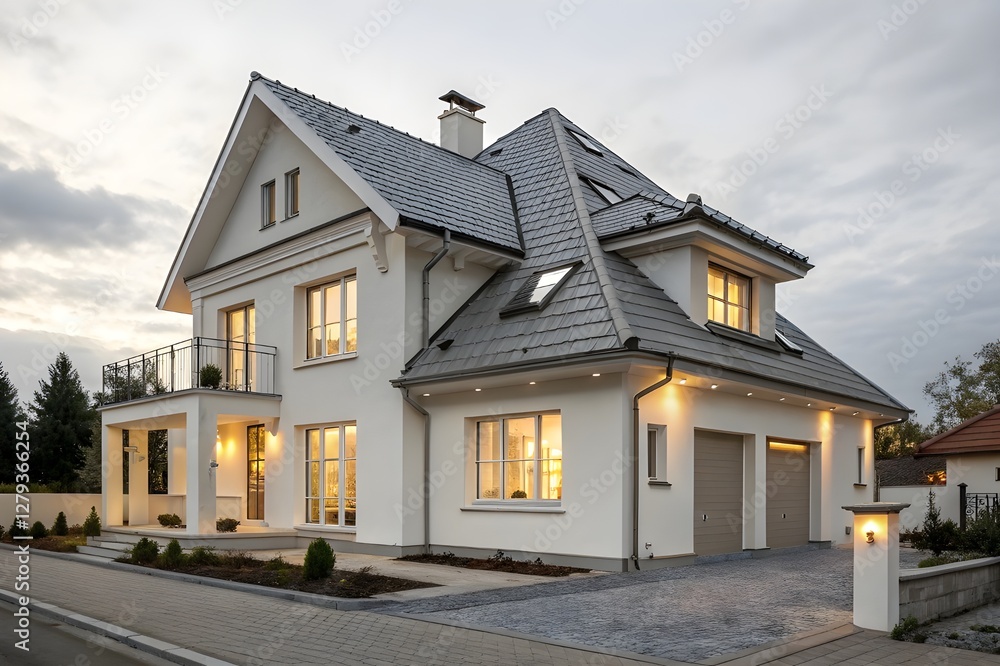 Modern White House with Gray Roof – 3D Render of Minimalist Architecture Modern White House with Gray Roof – 3D Render of Minimalist Architecture