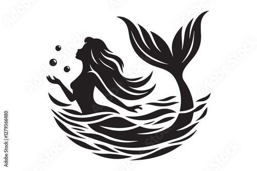 Silhouette icon of a mermaid , isolated on white background