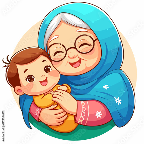 Grandmother happily holding baby in a colorful cultural vector illustration for family bond concept