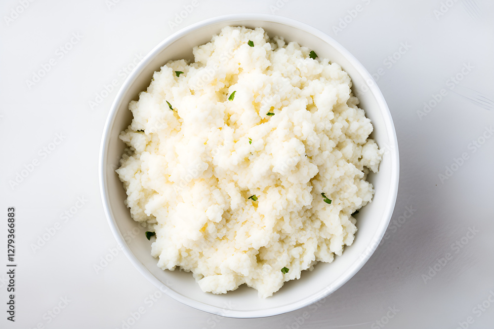 Fluffy cauliflower rice with herbs in a white bowl on a light background Fluffy cauliflower rice with herbs in a white bowl on a light background