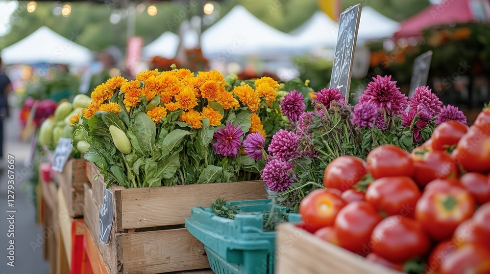 Vibrant Farmers Market with Fresh Produce and Flowers – Local, Organic, and Sustainable Shopping