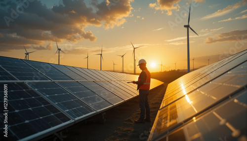 solar power plant with a worker
