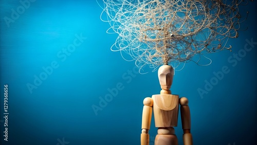  Overwhelmed Wooden Mannequin with Chaotic Thoughts and Scribbles – Conceptual Art of Mental Stress