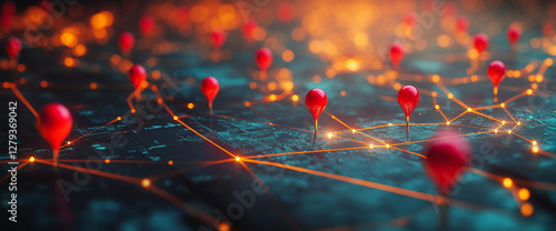 3D rendering of a map with red location pins connected by glowing lines, representing navigation, mapping, city planning, and technology for GPS, travel, and digital mapping concepts. photo