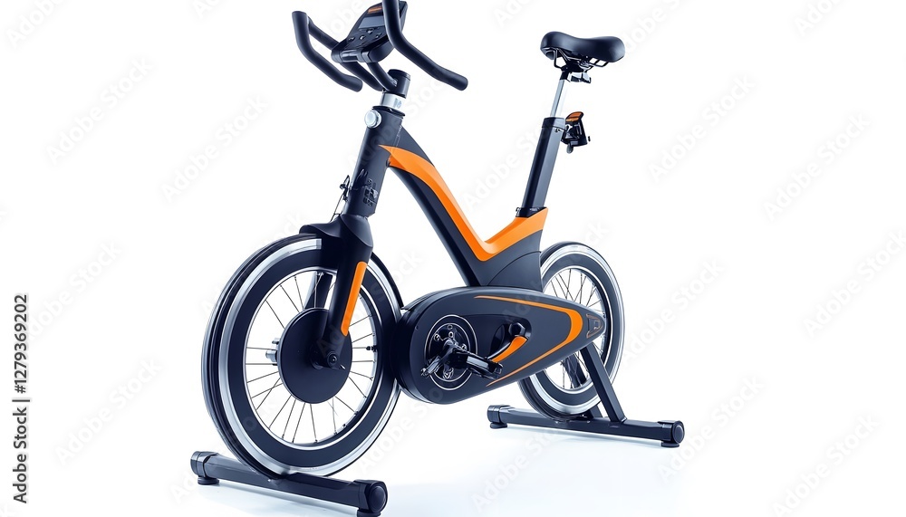 Fototapeta premium Black and orange stationary exercise bike against a white background