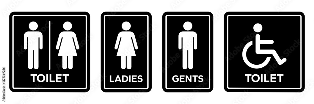 Toilet icons set. Men and women restroom icon sign right arrow. Disabled wheelchair icon. Vector Illustration Toilet icons set. Men and women restroom icon sign right arrow. Disabled wheelchair icon. Vector Illustration