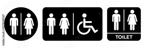 Toilet icons set. Men and women restroom icon sign right arrow. Disabled wheelchair icon. Vector Illustration	