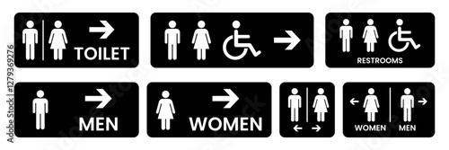 Toilet icons set. Men and women restroom icon sign right arrow. Disabled wheelchair icon. Vector Illustration	