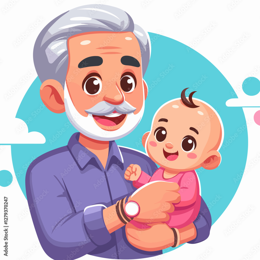 Bright vector illustration of a grandfather happily holding cheerful baby for family happiness concept Bright vector illustration of a grandfather happily holding cheerful baby for family happiness concept