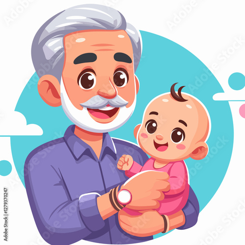 Bright vector illustration of a grandfather happily holding cheerful baby for family happiness concept