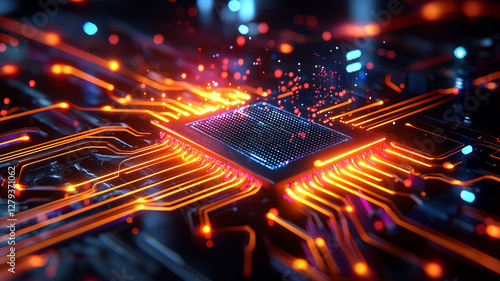 Wallpaper Mural Close-Up View of High-Tech Computer Chip Surrounded by Glowing Circuits in Vibrant Orange and Blue Light Torontodigital.ca