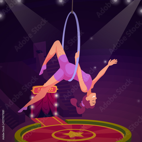 Circus show. background with girl gymnastics flying in circle hoop. vector cartoon template