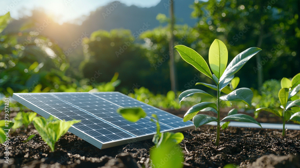 Fototapeta premium Close-Up of Solar Panel Installed in Lush Green Environment with Young Plants in Sunlight
