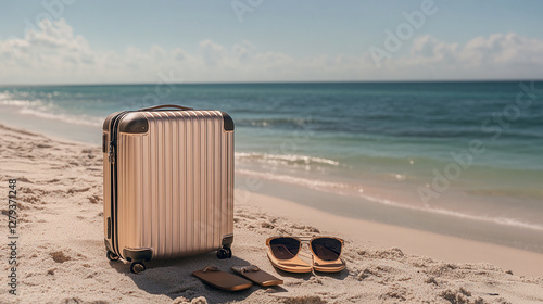 A silver suitcase, sandals, and sunglasses placed on the sand by the ocean, symbolizing a relaxing summer vacation or holiday getaway at the beach. photo