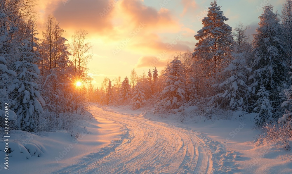 Serene Snow-Covered Forest Road at Sunset in Winter Wonderland, Peaceful Winter Landscape, Tranquil Scenic Beauty of Nature, Ideal for Seasonal Travel Serene Snow-Covered Forest Road at Sunset in Winter Wonderland, Peaceful Winter Landscape, Tranquil Scenic Beauty of Nature, Ideal for Seasonal Travel