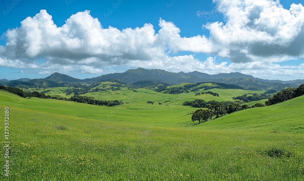 Sunny Day Panorama of a Lush Green Grass Field with Rolling Hills, Mountains, and Dramatic Clouds, Ideal for Natural Landscape Backgrounds and Relaxing Environment Sunny Day Panorama of a Lush Green Grass Field with Rolling Hills, Mountains, and Dramatic Clouds, Ideal for Natural Landscape Backgrounds and Relaxing Environment