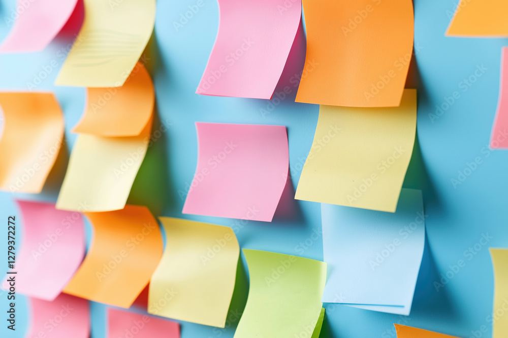 Colorful sticky notes arranged on a blue surface showcasing organization and creativity Colorful sticky notes arranged on a blue surface showcasing organization and creativity