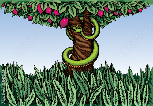Vector drawing. Snake on the tree