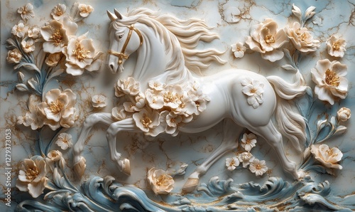 Elegant Blue and Gold 3D Floral Sculpture with Majestic White Horse Surrounded by Blossoming Flowers Art