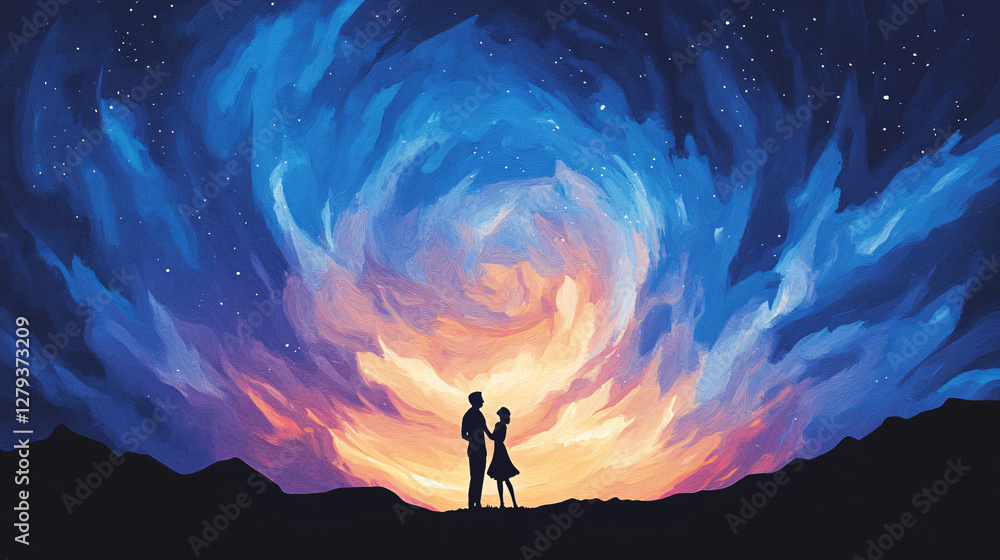 Fototapeta premium Silhouetted Couple Embracing Under a Starry Twilight Sky: An Artistic Expression of Love and Unity