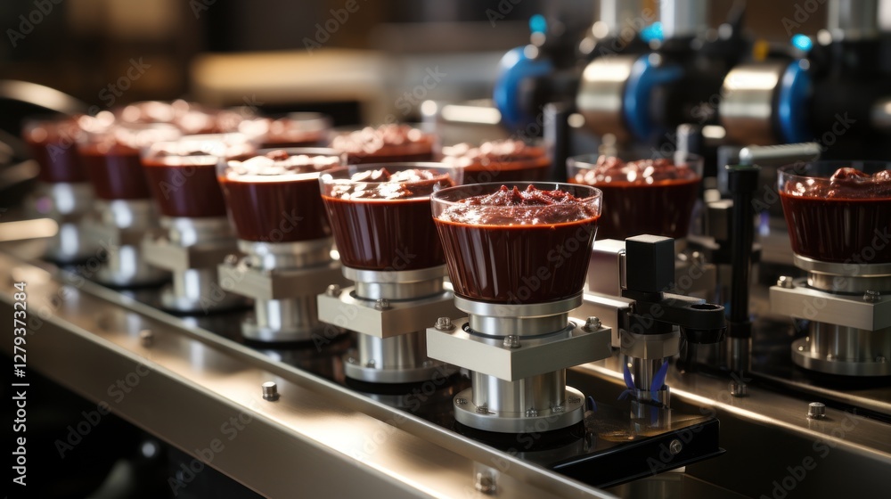 Automated Food Production Line: Close-up of Chocolate Sauce Filling Process Automated Food Production Line: Close-up of Chocolate Sauce Filling Process