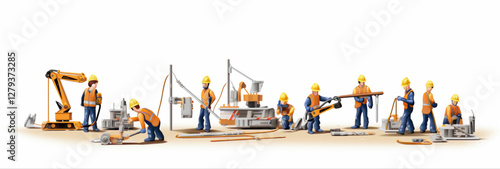 Cartoon illustration of a construction worker boy with a helmet and a set of tools